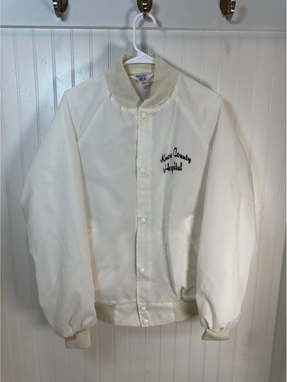 Vintage West Ark Knox County Hospital Bomber Jacket Made in USA White Snap Front